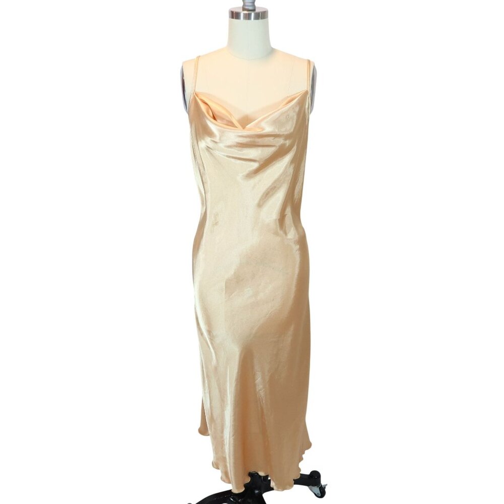 BEBE Pale Gold Satin Cowl Neck Draped Midi Slip Dress Size XL Grunge Fairy Y2K